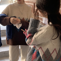 EKOOL custom diamond pattern semi-turtleneck pullover sweater womens winter new wild thin thick sweater