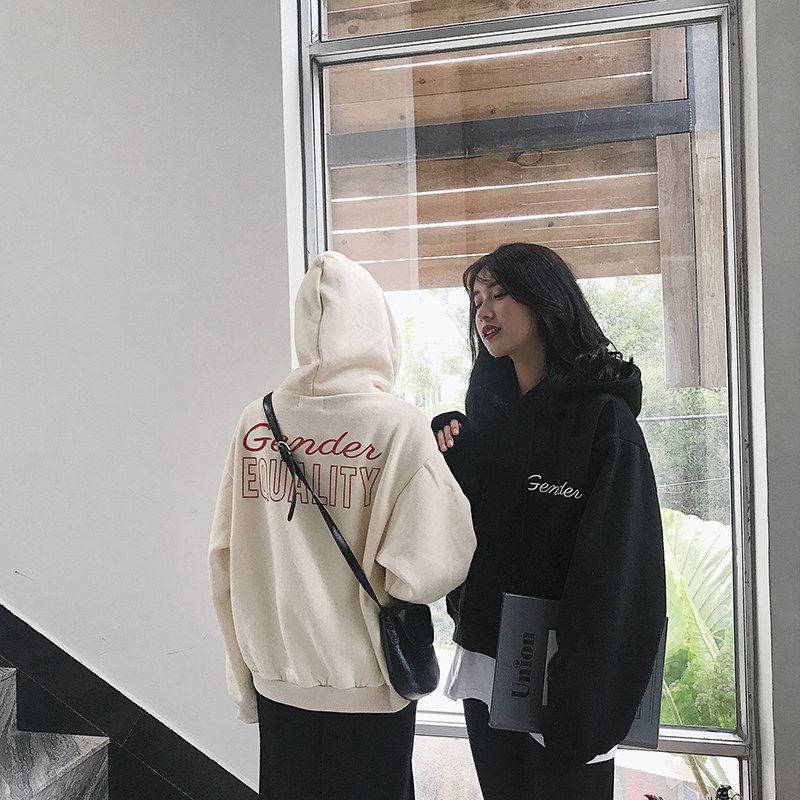 EKOOL秋冬加绒卫衣女连帽韩版学生宽松加厚套头带帽衫BF风外套