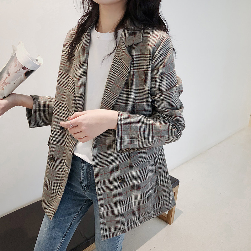 EKOOL小西装女士春装新款韩版修身复古格纹休闲外套短款格子西服