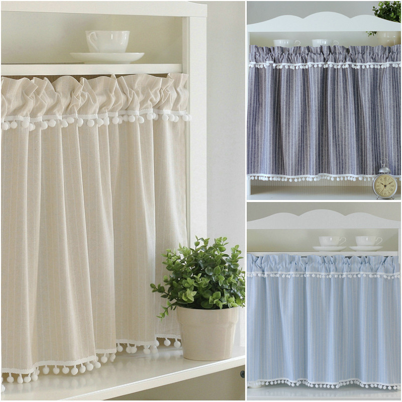 Striped Three-Color Cotton and Linen Restaurant-Style Half Curtain Short Curtain Fresh Small Window Curtain Short Door Curtain Japanese Style No Drilling Required