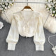2023 Autumn Super Fairy Embroidered V-neck Loose Bubble Long-sleeved Shirt Women's Western Style Lace Stitching Top
