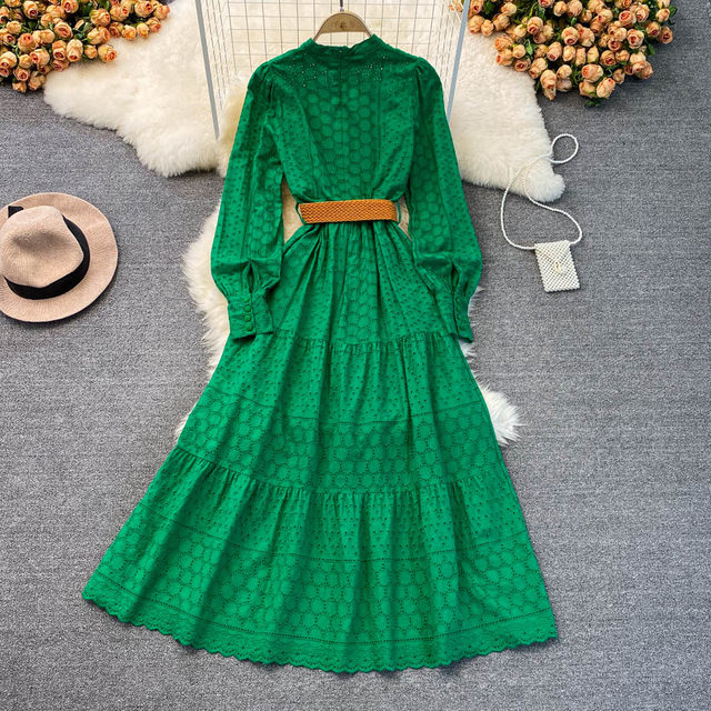 Stand-up collar puff sleeve a-line dress seaside holiday desert large swing long skirt Thailand travel Bali beach skirt