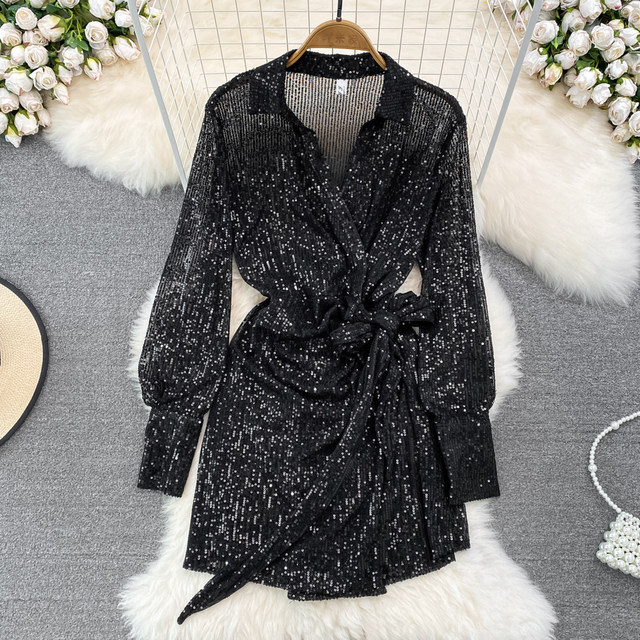 European and American high-end retro temperament fashion long-sleeved sequined V-neck waist slimming bow tie A-line dress