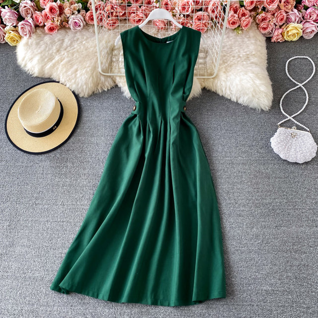 2026 Summer New Style Elegant Socialite Round Neck Waist-Slimming Sleeveless Fashion Solid Color Temperament Flared Long Dress
