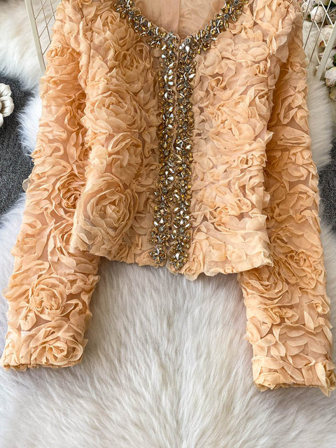 2025 New Style Three-Dimensional Floral Heavy Beading Short Jacket for Women, High-End Socialite Rhinestone Fashion Age-Reducing Lace Top