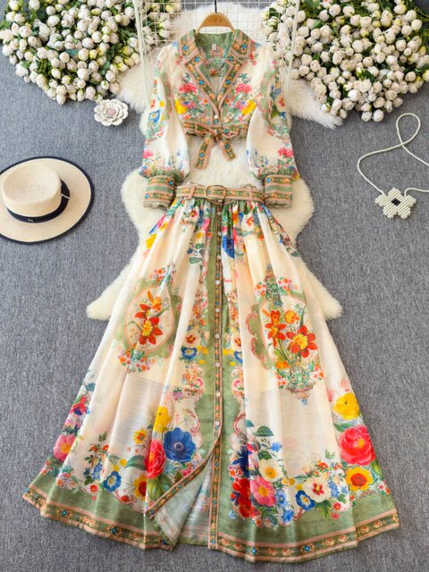 2025 Early Spring Niche Atmosphere Printed Resort Style Suit Collar Short Slim Fit Jacket Skirt Suit