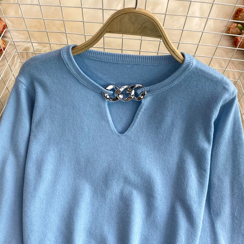 2021 autumn and winter Korean version new design sense chain slim knit sweater foreign style short long sleeve top