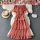 One word neck pleated dress summer sweet ruffled temperament mid-length beach skirt off-the-shoulder thin cake skirt