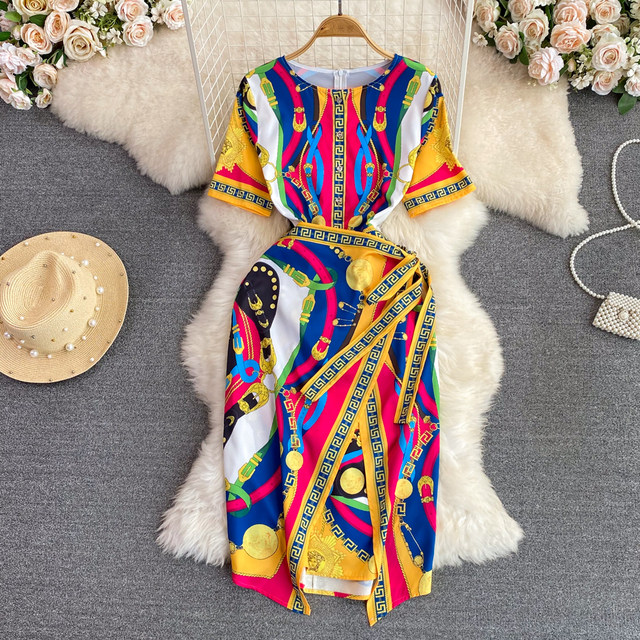 European and American high-end retro temperament short-sleeved round neck celadon printed waist tie belt slimming slit A-line dress summer