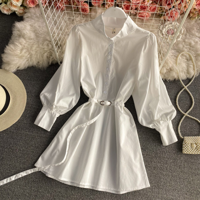 Mid-length stand-up collar shirt women's new spring 2023 waist slimming single-breasted fashion puff sleeve dress