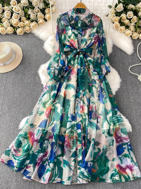 French light luxury gem-encrusted diamond lapel dress for women in autumn, waist slimming and beautiful holiday printed long skirt
