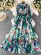 French light luxury gem-encrusted diamond lapel dress for women in autumn, waist slimming and beautiful holiday printed long skirt