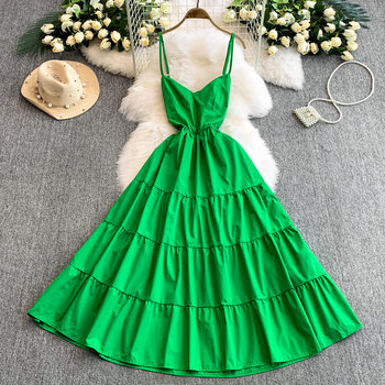 French-Style Design, Hollow-Out Backless Spaghetti Strap Dress for Women, Summer Waist-Cinching Slimming Long Dress with Large Flared Ruffles