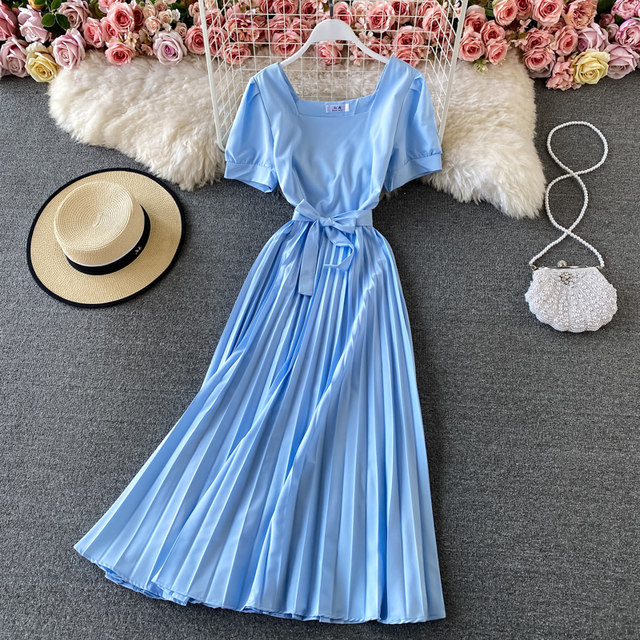 French retro square-neck dress with straps waist pleated skirt puff sleeves slim and slim solid color mid-length skirt short sleeves