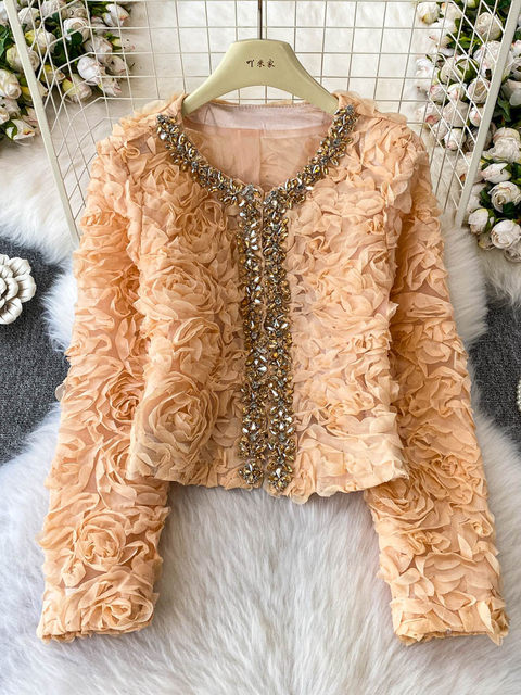 2025 New Style Three-Dimensional Floral Heavy Beading Short Jacket for Women, High-End Socialite Rhinestone Fashion Age-Reducing Lace Top