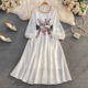 High-end, light and luxurious temperament, round neck, diamond-studded bubbles, long sleeves, narrow waist, slim A-line dress, elegant and large swing dress