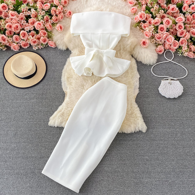 One-shoulder off-the-shoulder tube top with waist and ruffled crop top two-piece suit high-waisted mid-length package hip skirt