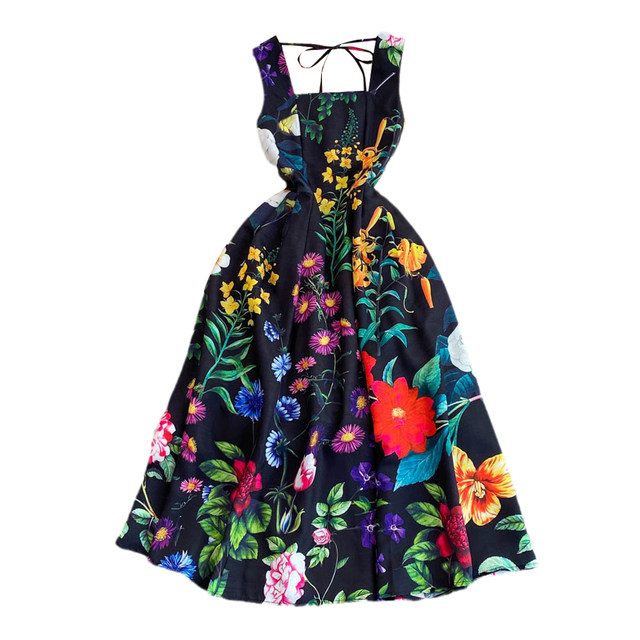 French-Style High-End Vintage Tea Break Dress, Summer Fashion, Elegant, Slimming, Sleeveless, Backless, Waist-Cinching, Printed A-Line Dress