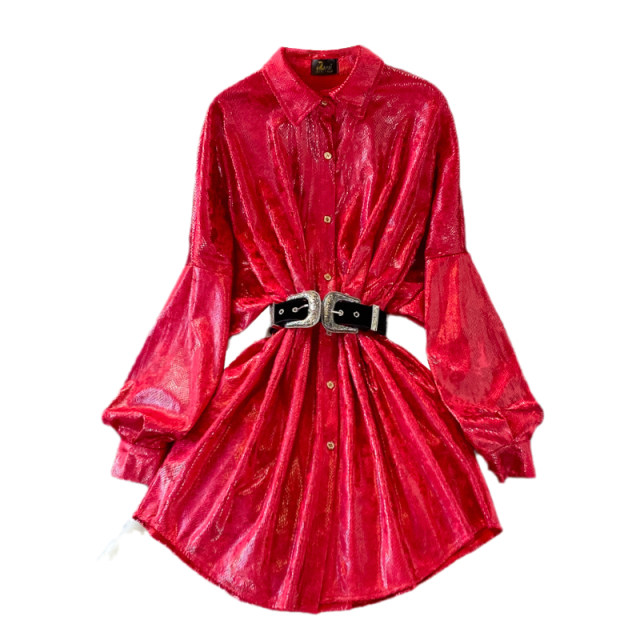 2023 autumn new European and American temperament lapel chic slim slim long-sleeved metallic mid-length dress