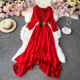 Red Ethnic Style Embroidered V-neck Dress Vacation Beach Skirt Slim Waist Slimming Ruffled Swing Long Skirt