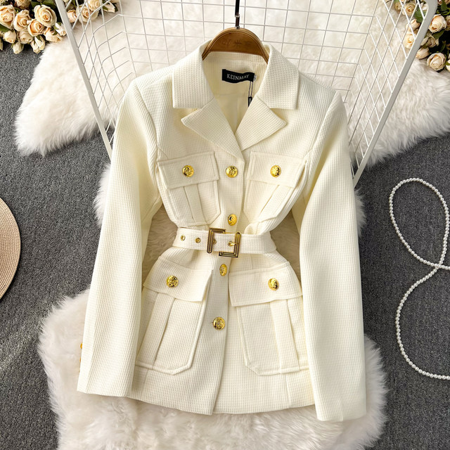 Suit jacket women's 2022 autumn and winter new British style high-end metal double-breasted belt waist suit jacket