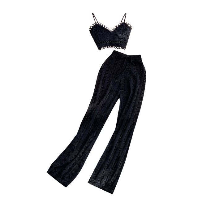 Seaside vacation suit high waist casual trousers drop feeling straight tube wide leg pants women's two-piece suit camisole summer