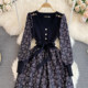 Gentle and retro temperament fake two-piece long-sleeved V-neck knitted waist slim floral A-line dress elegant long skirt