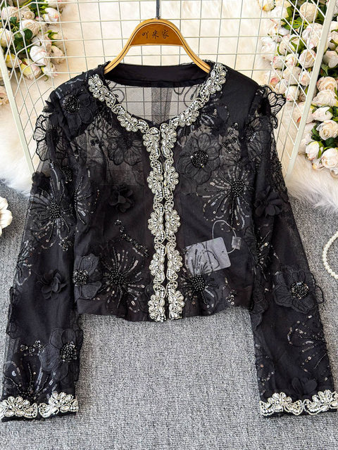 Internet celebrity same style 2025 spring and summer new French high-definition pearl edge sequin embroidered mesh short jacket women's top