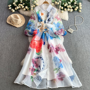 French-Style Niche and Unique, Stunning and Elegant Floral Lapel Dress for Women, Vacation High-End Printed Waist-Cinching Elegant Long Dress