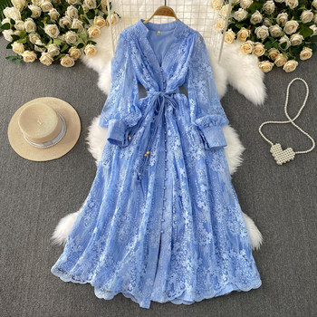 High-End Authentic French-Style Women's Dress 2025 Summer Waist-Cinching Heavy Embroidery V-Neck Lantern Sleeve Long Dress