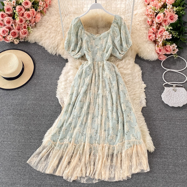 French retro court style sweet mesh square collar dress gentle wind lady floral skirt super fairy princess skirt