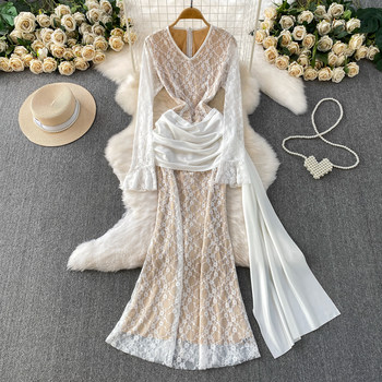 European and American Socialite Elegant Satin Ribbon Spliced Lace V-Neck Dress Women's High-End Formal Dress Waist-Cinching Fishtail Long Dress