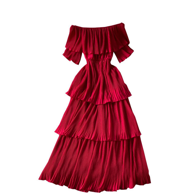 One word neck pleated dress summer sweet ruffled temperament mid-length beach skirt off-the-shoulder thin cake skirt