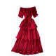 One word neck pleated dress summer sweet ruffled temperament mid-length beach skirt off-the-shoulder thin cake skirt