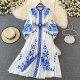 Spring new palace style blue and white porcelain print stand-up collar single-breasted dress dress elegant temperament large swing dress