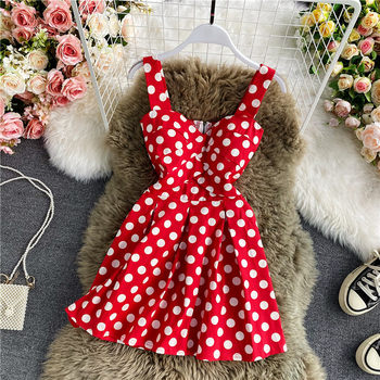 Summer sweet temperament plaid dress high waist sleeveless sexy fashion nightclub tube top polka dot suspender A-line skirt