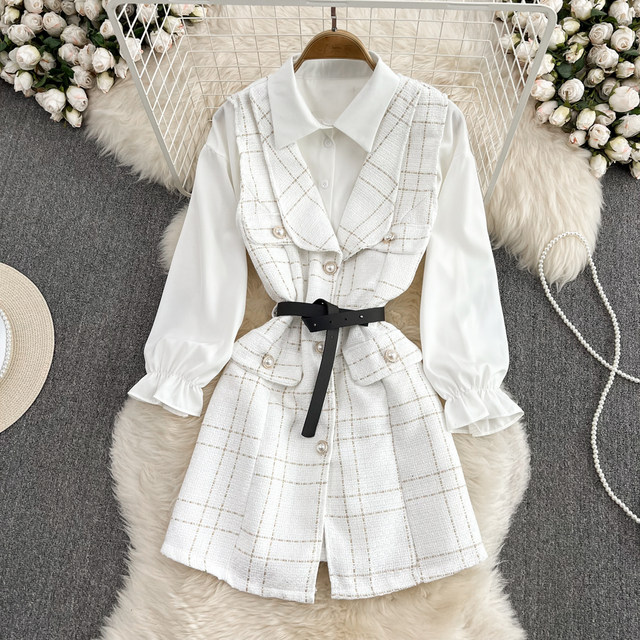 Goddess Fan Mingyuan temperament mid-length single-breasted tweed vest jacket two-piece loose white shirt autumn