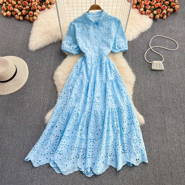 Spring and autumn Korean version of the high waist and thin puff sleeves doll collar dress elegant temperament holiday big swing long skirt