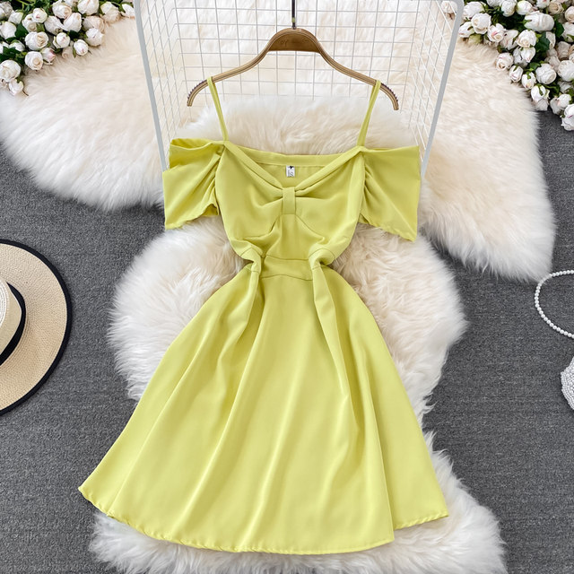 Summer Korean version of the high-waist thin bow-knot suspender dress evening dress skirt fashion one-shoulder off-the-shoulder dress short-sleeved