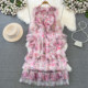 Fashionable ladylike long-sleeved round neck waist slimming A-line ruffle cake mesh print dress