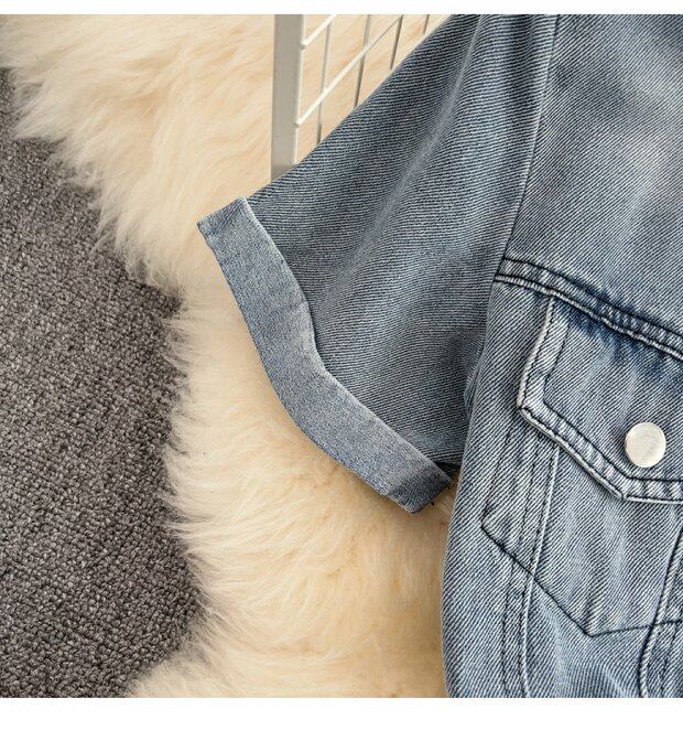 Боди/брюки 覆古港式单排扣翻领连衣裤高腰修身短袖牛仔连衣裤夏季