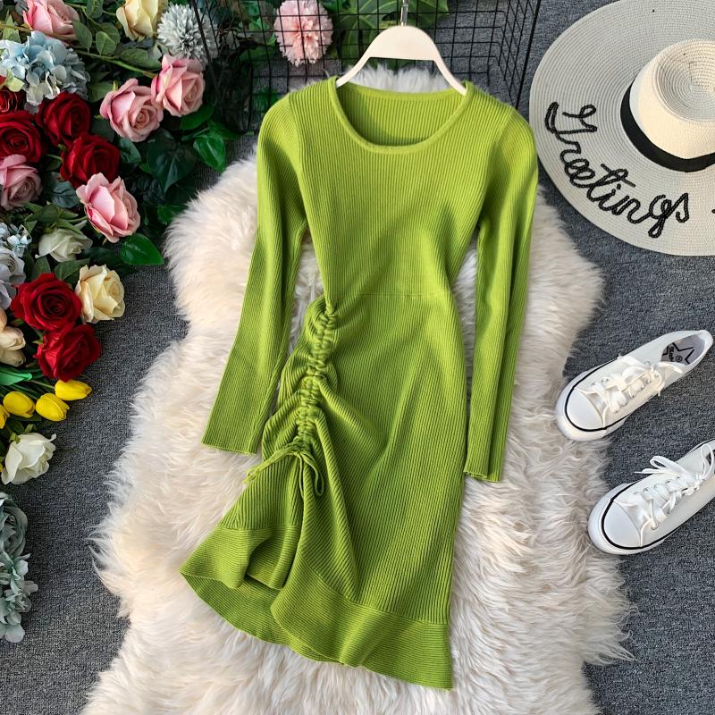 Light GreenDrawstring knitting Dress Ruffles temperament Close your waist Show thin Fishtail skirt little chap High waist sexy skirt autumn