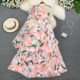 High-end retro temperament slanted neck waist slimming sleeveless a-line print large swing dress elegant dress long skirt