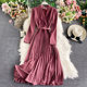 Commuter women's light and familiar wind suit collar dress spring and autumn new V-neck slim fashion big swing pleated long skirt