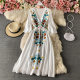 Tibet Yunnan Embroidered Ethnic Wind Trumpet Sleeve V-neck Dress Sanya Travel Beach Skirt Super Fairy Swing Long Skirt