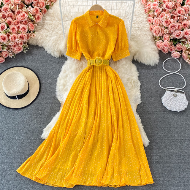 2021 summer Korean chic puff sleeves lapel pleated polka dot dress