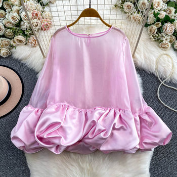 Trendy Influencer Style Unique High-End Sheer Mesh and Satin Long-Sleeve Shirt for Women, Autumn and Winter Layering, Loose Fit, Slimming Top