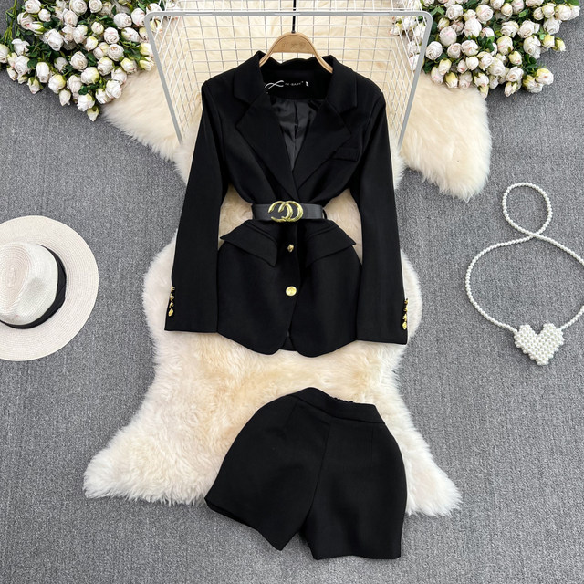 Women's Fashion Suit Korean Version Medium Length Loose Single Breasted Suit Jacket Two-piece Set High Waist Slim Wide Leg Shorts