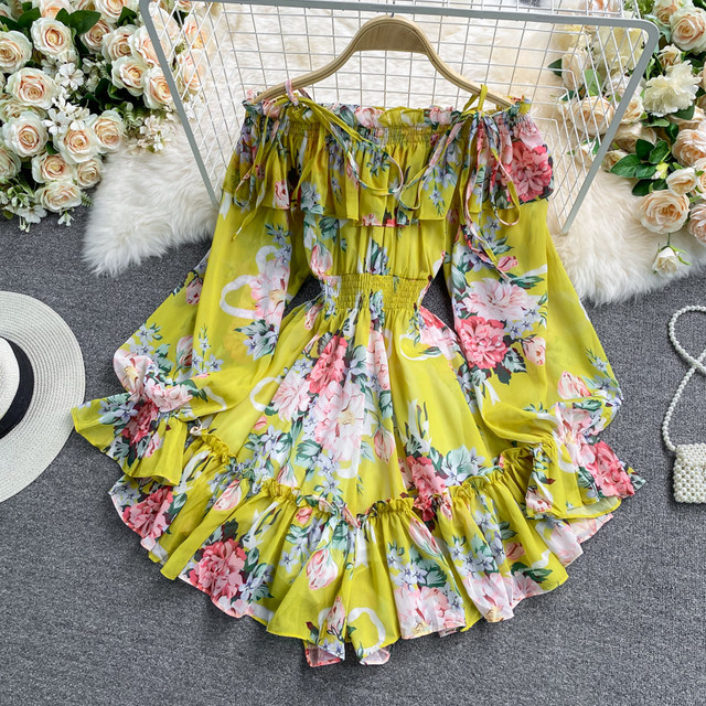 Seaside vacation one-shoulder off-the-shoulder printed chiffon jumpsuit skirt super fairy loose wide-leg pants shorts jumpsuit