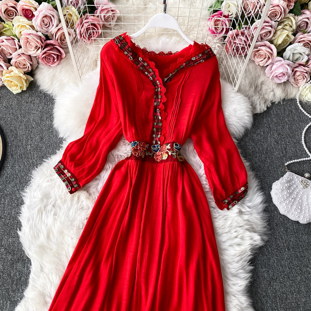 Red Ethnic Style Embroidered V-neck Dress Vacation Beach Skirt Slim Waist Slimming Ruffled Swing Long Skirt